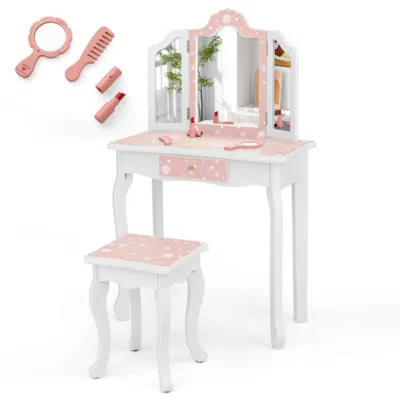 Hivvago Princess Pretend Play Makeup Table And Stool Set With Tri-folding Mirror-pink