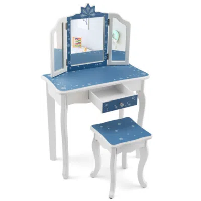 Hivvago Princess Vanity Table And Chair Set With Tri-folding Mirror And Snowflake Print-blue