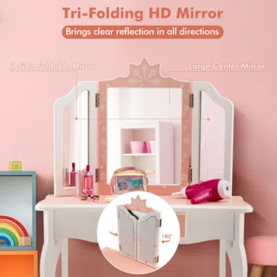 Hivvago Princess Vanity Table And Chair Set With Tri-folding Mirror And Snowflake Print-pink