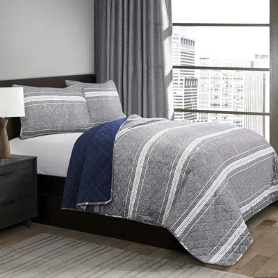 Hivvago Queen Gray Navy Stripe Motif 100% Cotton Reversible Quilt Coverlet Bedspread Set