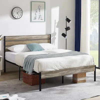 Hivvago Queen Industrial Farmhouse Rustic Wood Metal Platform Bed Frame With Headboard In Multi