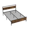 Hivvago Queen Metal Bed Frame Industrial Platform Bed With Wooden Headboard In Brown