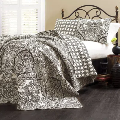 Hivvago Queen Size 3-piece Quilt Set 100-percent Cotton In Charcoal Damask In Gray