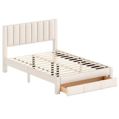Hivvago Queen Size Bed Frame With Storage Drawer And Vertical Channel Headboard In White