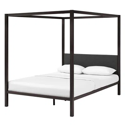 Hivvago Queen Size Brown Metal Canopy Bed Frame With Grey Upholstered Headboard In Black