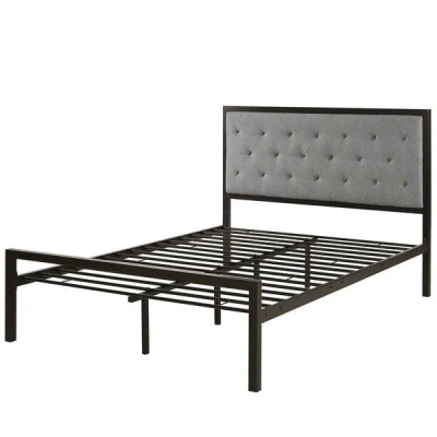 Hivvago Queen Size Contemporary Metal Platform Bed With Grey Upholstered Headboard In Gray