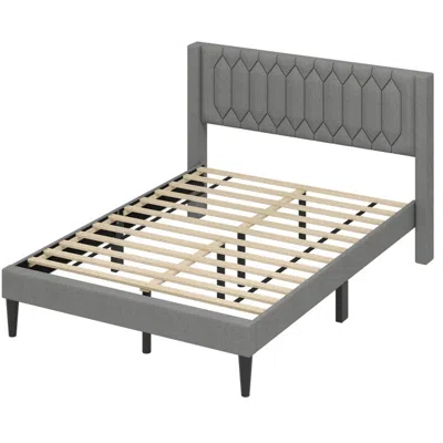 Hivvago Queen Size Dutch Velvet/linen Fabric Upholstered Platform Bed With Wingback Headboard And Wooden Sla In Gray