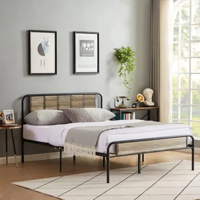Hivvago Queen Size Grey Wood Metal Platform Bed Frame With Rounded Headboard Footboard In Black