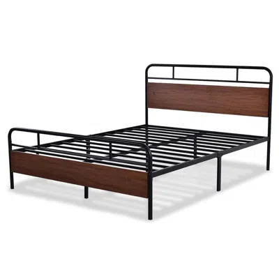 Hivvago Queen Size Industrial Metal Wood Platform Bed Frame With Headboard And Footboard