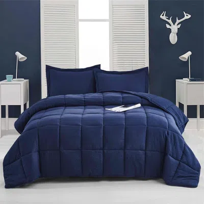 Hivvago Queen Size Navy 3 Piece Microfiber Reversible Comforter Set In Blue