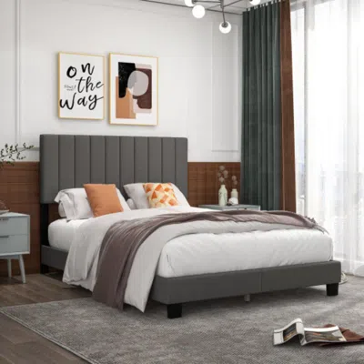 Hivvago Queen Size Upholstered Bed Frame With Vertical Channel Tufted Headboard Gray