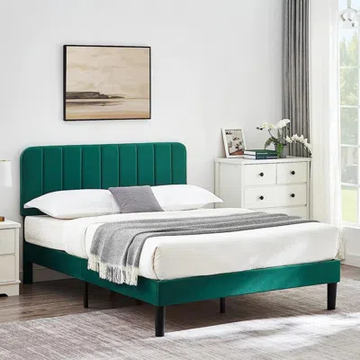 Hivvago Queen Size Upholstered Platform Bed Frame With Headboard In Green