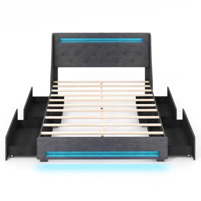 Hivvago Queen Size Upholstered Platform Bed Frame With Led Lights And Charging Station-grey In Blue