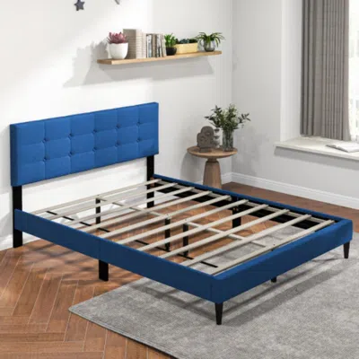 Hivvago Queen Size Upholstered Platform Bed With Button Tufted Headboard-blue