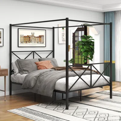 Hivvago Quick Assembly Queen Sized Metal Canopy X Shaped Platform Bed Frame - Black