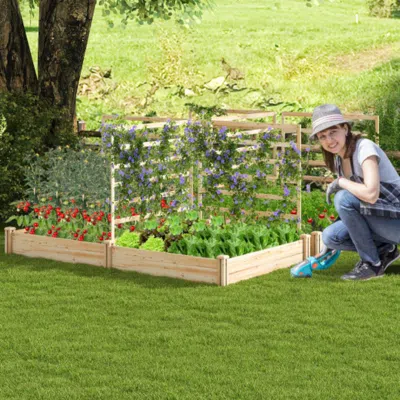 Hivvago Raised Garden Bed With 2 Planter Boxes And 3 Trellis-natural In Neutral