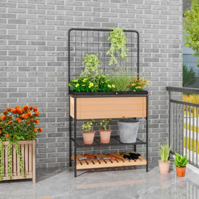 Hivvago Raised Garden Bed With Trellis 2-tier Storage Shelves-natural In Black