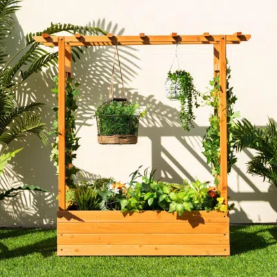 Hivvago Raised Garden Bed With Trellis Or Climbing Plant And Pot Hanging-natural In Brown