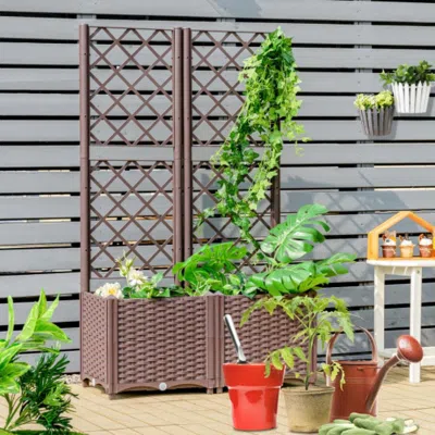 Hivvago Raised Garden Bed With Trellis Planter Box For Climbing Plants-brown
