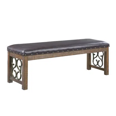 Hivvago Ral 56 Inch Solid Wood Padded Bench, Metal Scroll Design, Nailhead, Brown