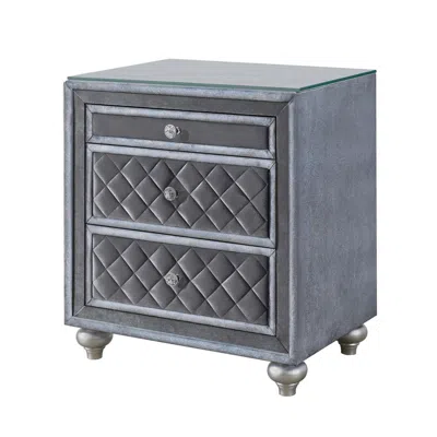 Hivvago Rall 30 Inch 3 Drawer Nightstand, Glass Top, Crystal Knobs, Gray Velvet In Blue