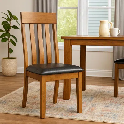 Hivvago Raly Dining Side Chair Set Of 2, Brown Faux Leather Seat, Slated Back
