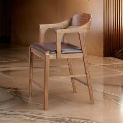 Hivvago Rase 24 Inch Counter Stool Chair, Faux Leather, Open Back, Brown Wood