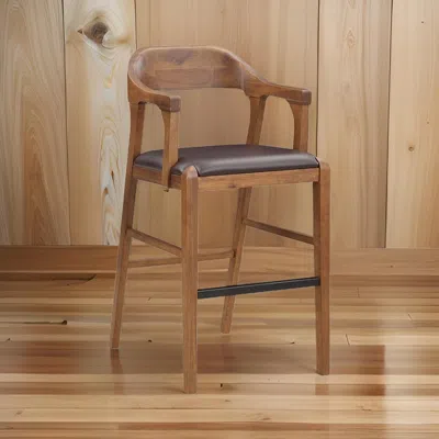 Hivvago Rase 29 Inch Barstool Chair, Faux Leather Seat, Open Curved Back, Brown