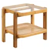 Hivvago Rattan 2-tier End Side Table With Tempered Glass Top Acacia Wood Legs-brown