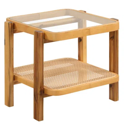 Hivvago Rattan 2-tier End Side Table With Tempered Glass Top Acacia Wood Legs-brown