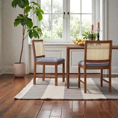 Hivvago Rattan-accented Dining Chairs In A Set Of Two With Rubberwood Frames And Linen Upholstered Seats In Brown