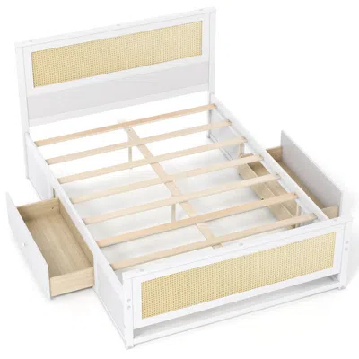 Hivvago Rattan Bed Frame With Storage Drawers In White