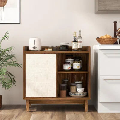 Hivvago Rattan Buffet Sideboard Mid Century Floor Storage Cabinet With Sliding Door And Adjustable Shelves-w