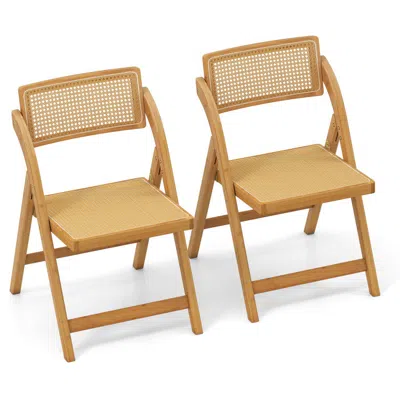 Hivvago Rattan Cane Folding Dining Chairs Set Of 2 With Rotatable Backrests In Neutral