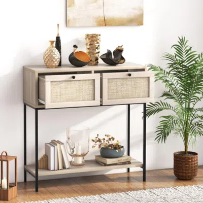 Hivvago Rattan Console Table Boho Entryway Table With 2 Rattan Drawers And Open Storage Shelf-oak In Brown
