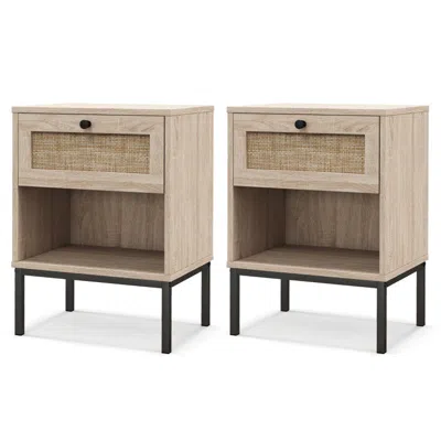 Hivvago Rattan Nightstand Boho End Table With Drawer And Open Shelf - Set Of 2