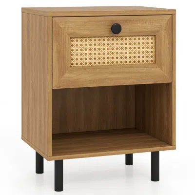 Hivvago Rattan Nightstand Boho End Table With Rattan Drawer And Open Shelf In Brown