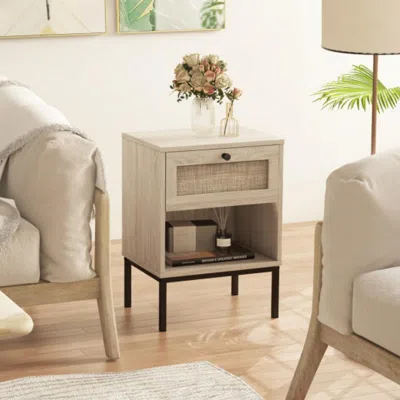 Hivvago Rattan Nightstand Boho End Table With Rattan Drawer & Open Shelf-oak In Neutral