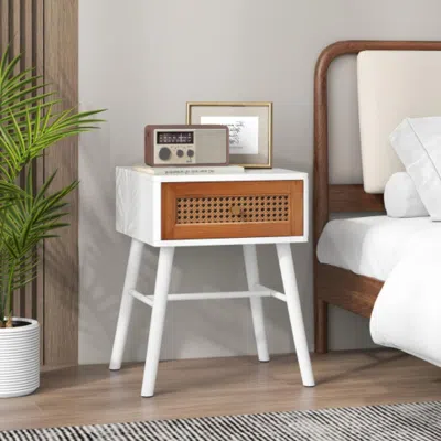 Hivvago Rattan Nightstand Mid Century Modern Accent Table With Drawer-white