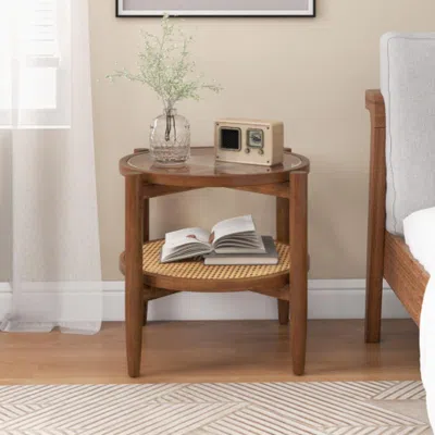 Hivvago Rattan Round Side End Table With Tempered Glass Tabletop