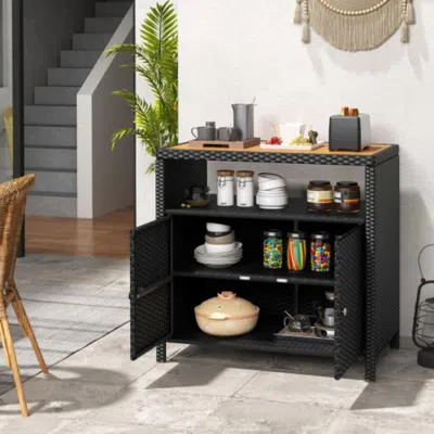 Hivvago Rattan Storage Cabinet With Acacia Wood Countertop For Poolside Deck And Patio-black