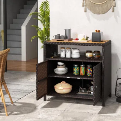 Hivvago Rattan Storage Cabinet With Acacia Wood Countertop For Poolside Deck And Patio-brown