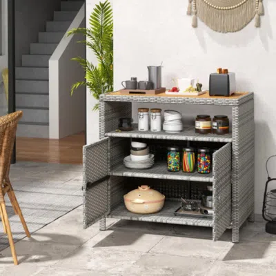 Hivvago Rattan Storage Cabinet With Acacia Wood Countertop For Poolside Deck And Patio-gray
