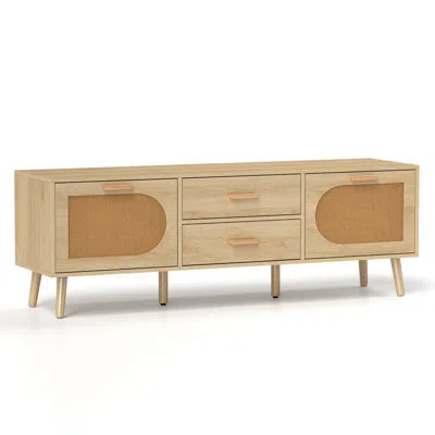 Hivvago Rattan Tv Stand For 65-inch Tv With Drawers And Solid Wood Legs-natural