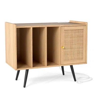 Hivvago Record Player Stand With Charging Station And Rattan Cabinet For Living Room In Neutral