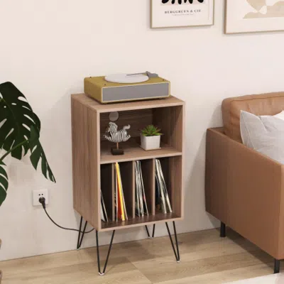 Hivvago Record Player Stand With Charging Station For Living Room Bedroom-walnut