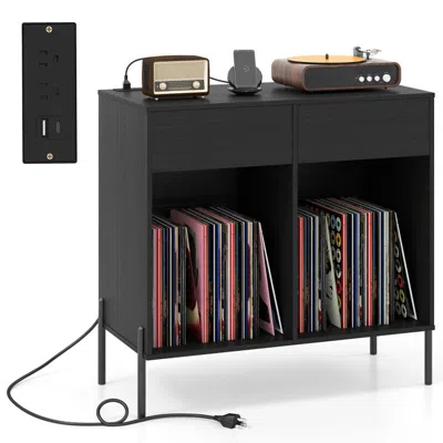 Hivvago Record Player Stand With Power Outlets Double Wide Turntable Stand Vinyl Record Storage Table