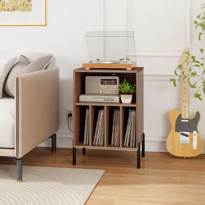 Hivvago Record Player Stand With Record Storage Shelf And Charging Station-walnut