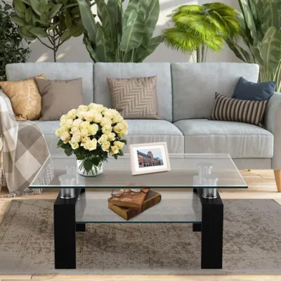 Hivvago Rectangle Glass Coffee Table With Metal Legs For Living Room-black