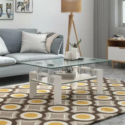 Hivvago Rectangle Glass Coffee Table With Metal Legs For Living Room-white